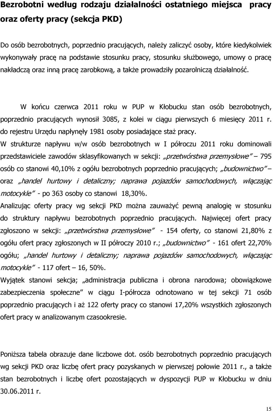 W ońcu czerwca 2011 rou w PUP w Kłobucu stan osób bezrobotnych, poprzednio pracujących wynosił 3085, z olei w ciągu pierwszych 6 miesięcy 2011 r.