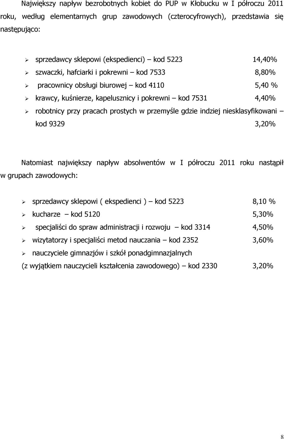 indziej nieslasyfiowani od 9329 3,20% Natomiast najwięszy napływ absolwentów w półroczu 2011 rou nastąpił w grupach zawodowych: sprzedawcy slepowi ( espedienci ) od 5223 8,10 % ucharze od 5120 5,30%