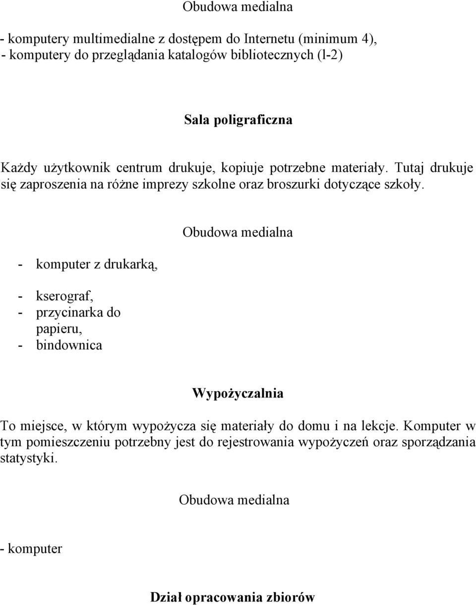 - komputer z drukarką, - kserograf, - przycinarka do papieru, - bindownica Obudowa medialna Wypożyczalnia To miejsce, w którym wypożycza się materiały do domu