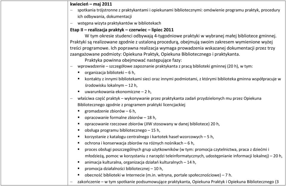 Praktyki są realizowane zgodnie z ustaloną procedurą, obejmują swoim zakresem wymienione wyżej treści programowe.