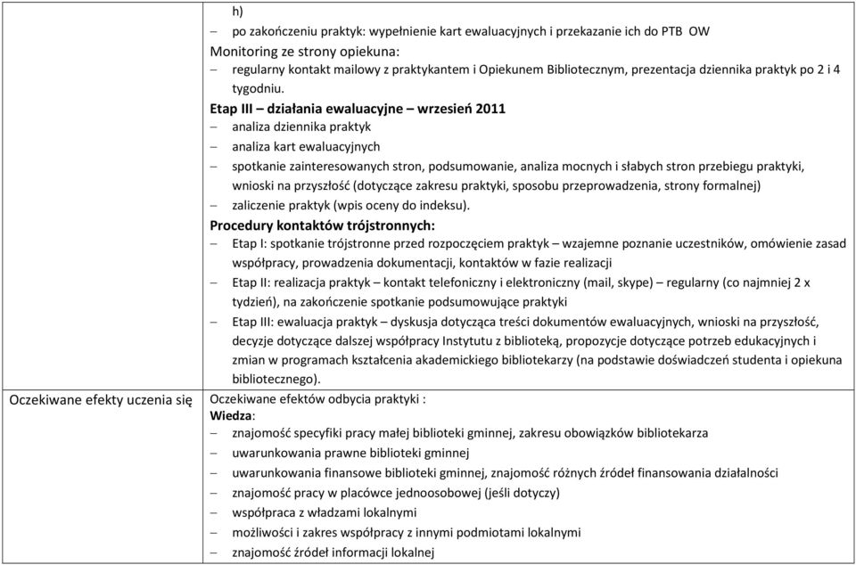 Etap III działania ewaluacyjne wrzesień 2011 analiza dziennika praktyk analiza kart ewaluacyjnych spotkanie zainteresowanych stron, podsumowanie, analiza mocnych i słabych stron przebiegu praktyki,