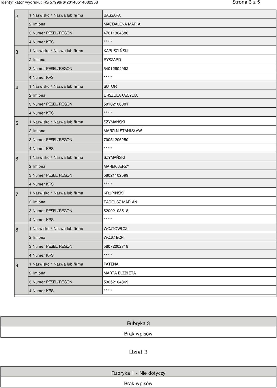 Numer PESEL/REGON 70051206250 6 1.Nazwisko / Nazwa lub firma SZYMAŃSKI MAREK JERZY 3.Numer PESEL/REGON 58021102599 7 1.Nazwisko / Nazwa lub firma KRUPIŃSKI TADEUSZ MARIAN 3.