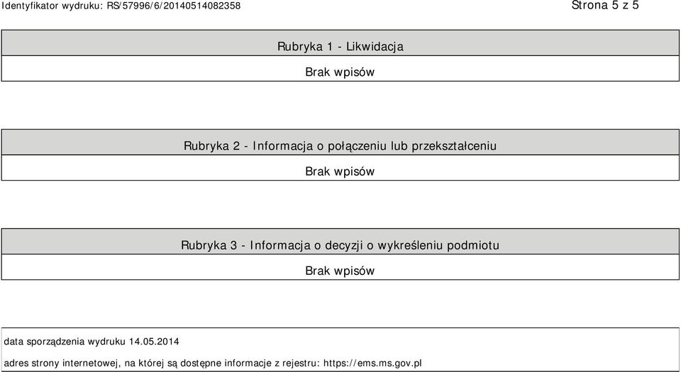 wykreśleniu podmiotu data sporządzenia wydruku 14.05.