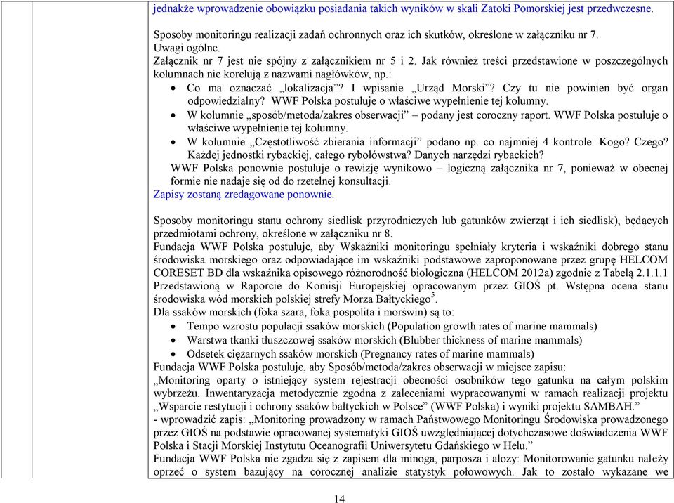 I wpisanie Urząd Morski? Czy tu nie powinien być organ odpowiedzialny? WWF Polska postuluje o właściwe wypełnienie tej kolumny. W kolumnie sposób/metoda/zakres obserwacji podany jest coroczny raport.