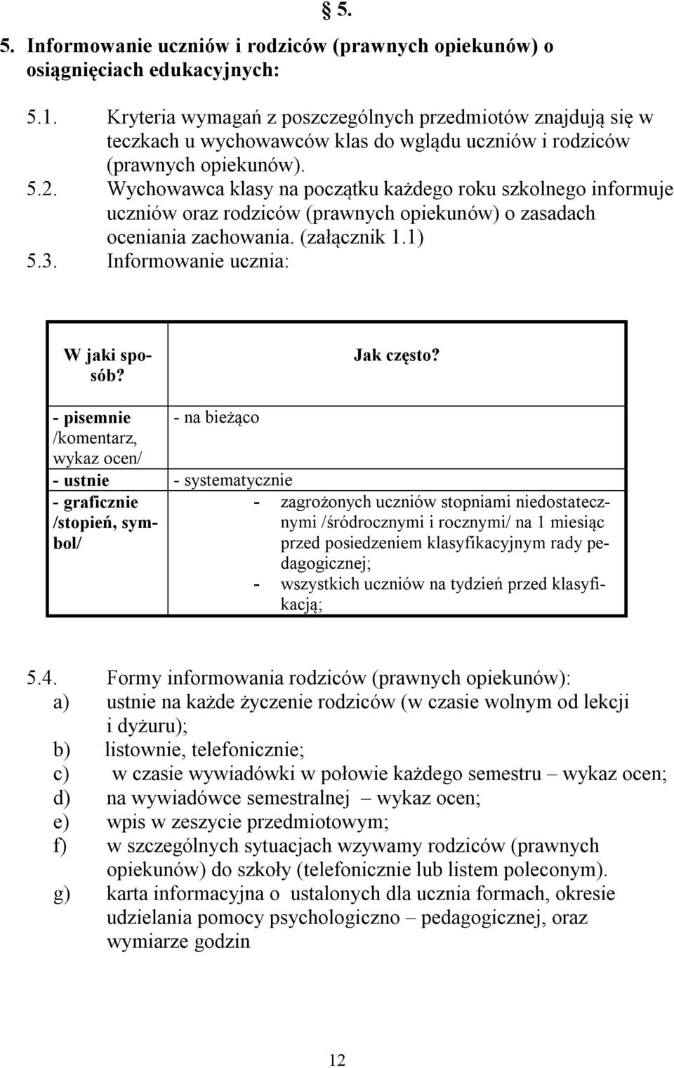 Wychowawca klasy na początku każdego roku szkolnego informuje uczniów oraz rodziców (prawnych opiekunów) o zasadach oceniania zachowania. (załącznik 1.1) 5.3. Informowanie ucznia: W jaki sposób?