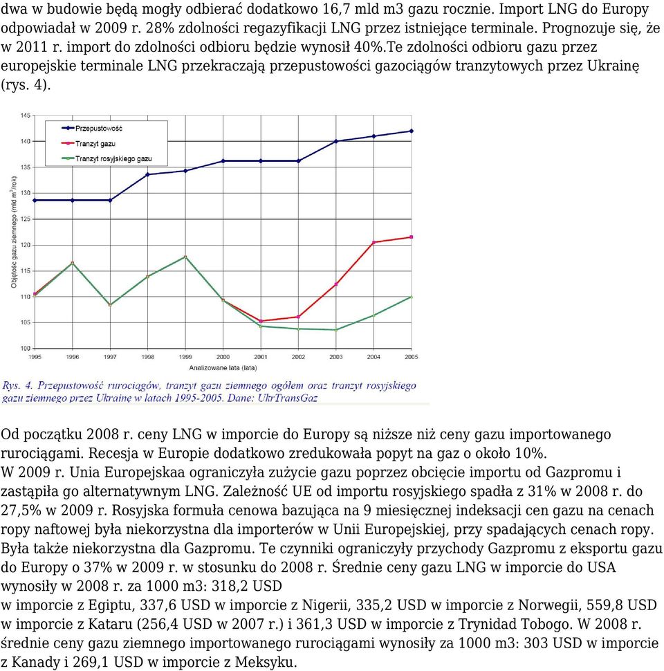 ceny LNG w imporcie do Europy są niższe niż ceny gazu importowanego rurociągami. Recesja w Europie dodatkowo zredukowała popyt na gaz o około 10%. W 2009 r.