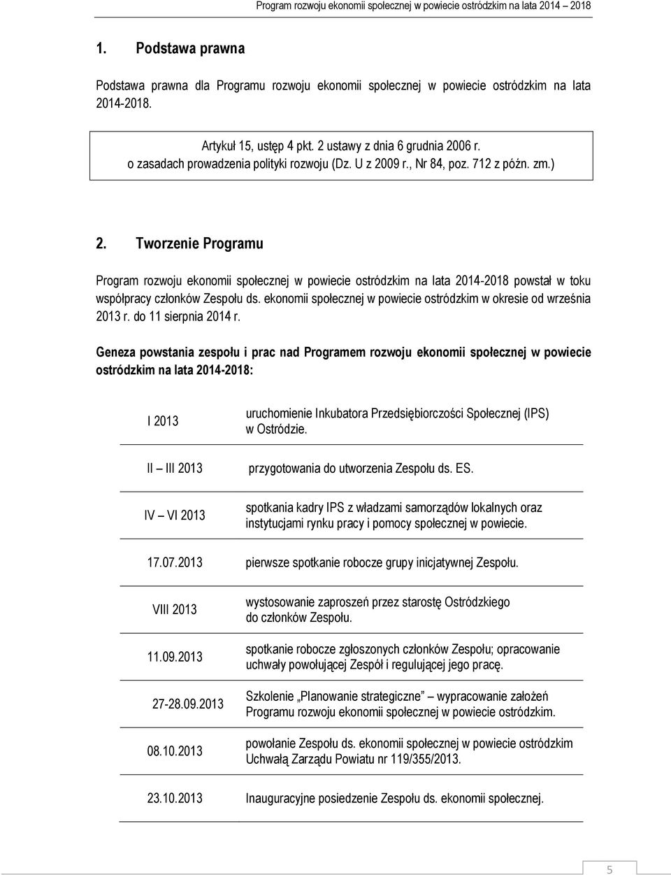 Tworzenie Programu Program rozwoju ekonomii społecznej w powiecie ostródzkim na lata 2014-2018 powstał w toku współpracy członków Zespołu ds.