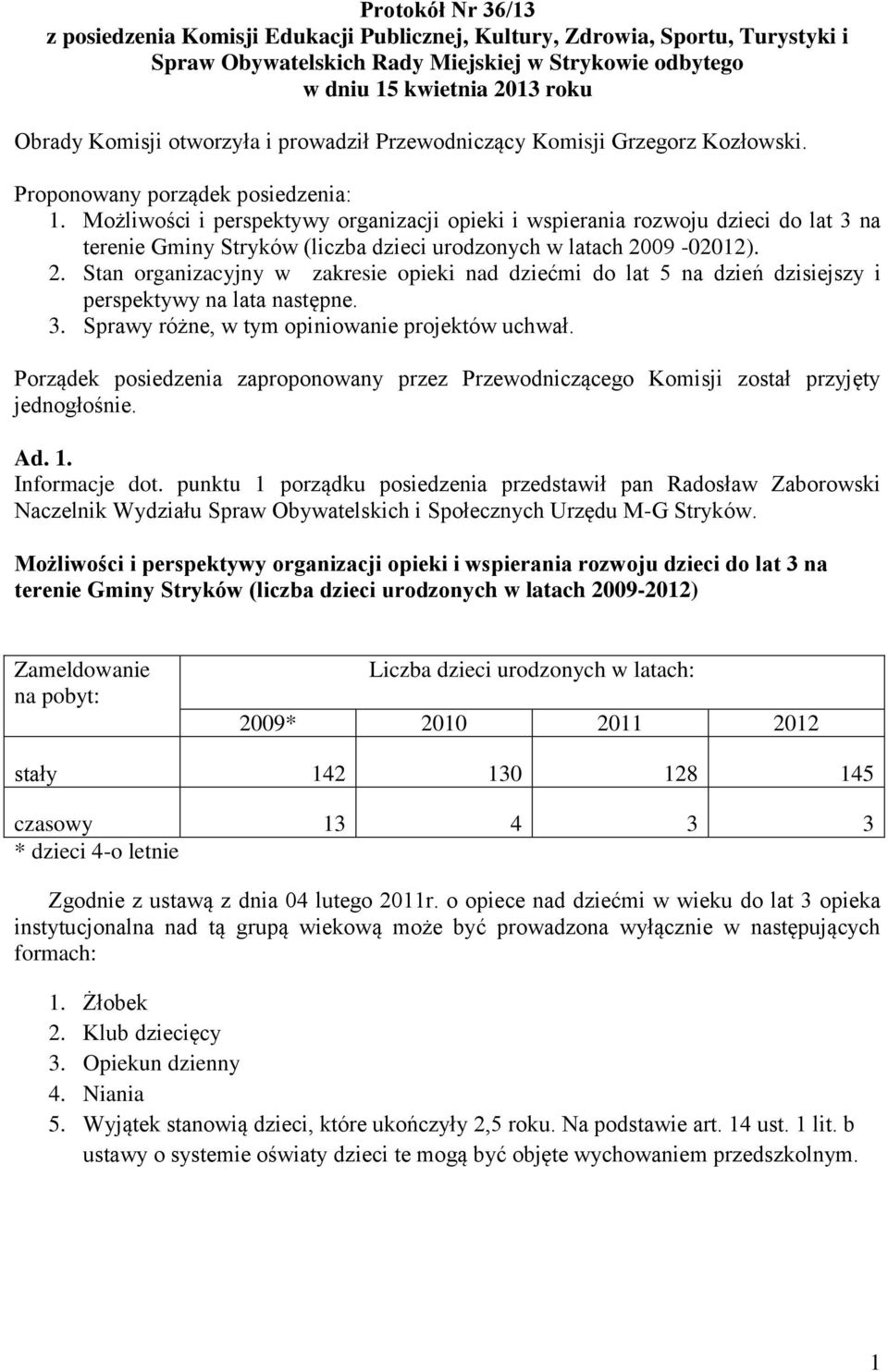 Możliwości i perspektywy organizacji opieki i wspierania rozwoju dzieci do lat 3 na terenie Gminy Stryków (liczba dzieci urodzonych w latach 20