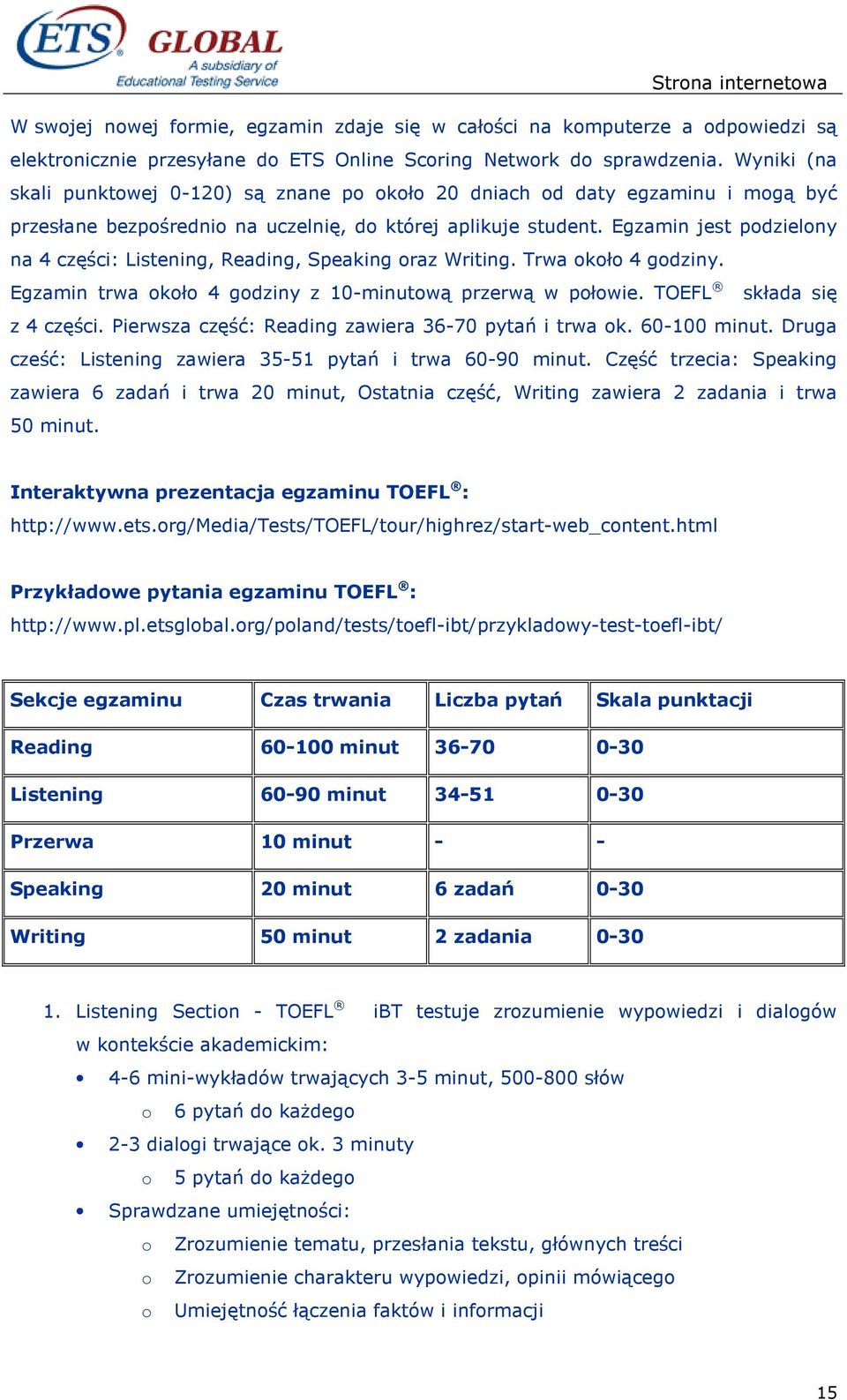 Egzamin jest podzielony na 4 części: Listening, Reading, Speaking oraz Writing. Trwa około 4 godziny. Egzamin trwa około 4 godziny z 10-minutową przerwą w połowie. TOEFL składa się z 4 części.