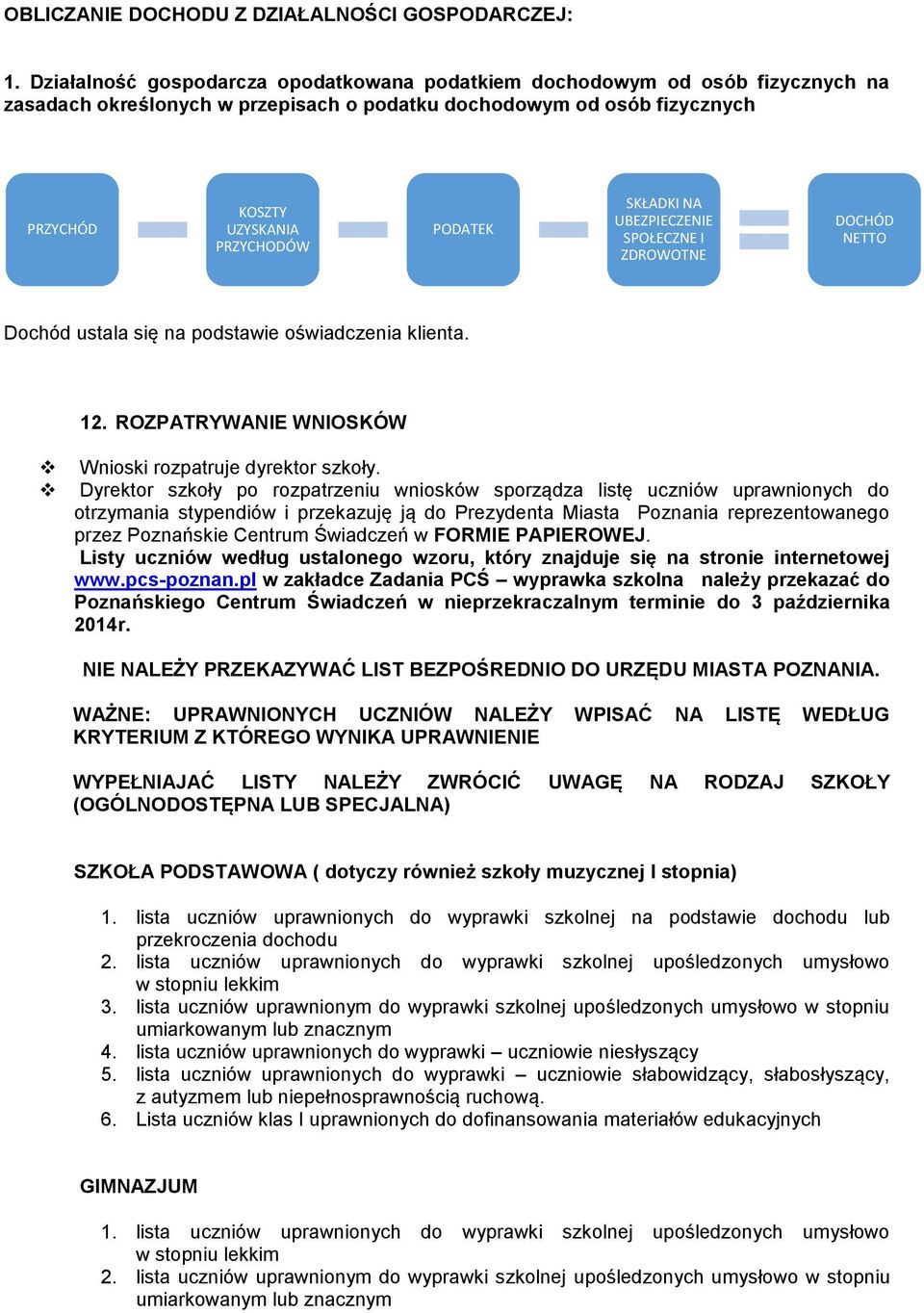 SKŁADKI NA UBEZPIECZENIE SPOŁECZNE I ZDROWOTNE DOCHÓD NETTO Dochód ustala się na podstawie oświadczenia klienta. 12. ROZPATRYWANIE WNIOSKÓW Wnioski rozpatruje dyrektor szkoły.