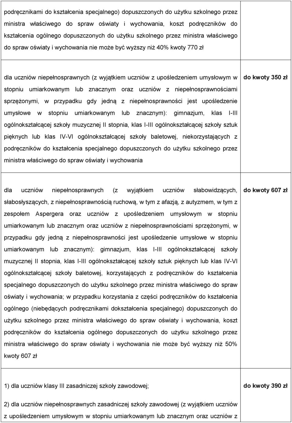 zł stopniu umiarkowanym lub znacznym oraz uczniów z niepełnosprawnościami sprzężonymi, w przypadku gdy jedną z niepełnosprawności jest upośledzenie umysłowe w stopniu umiarkowanym lub znacznym):