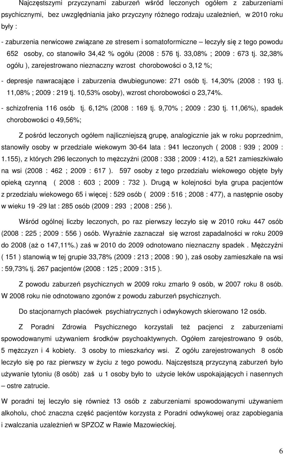 32,38% ogółu ), zarejestrowano nieznaczny wzrost chorobowości o 3,12 %; - depresje nawracające i zaburzenia dwubiegunowe: 271 osób tj. 14,30% (2008 : 193 tj. 11,08% ; 2009 : 219 tj.