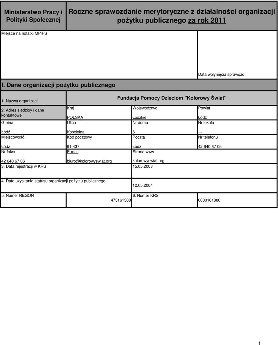 Adres siedziby i dane kontaktowe Gmina Kraj POLSKA Ulica Fundacja Pomocy Dzieciom "Kolorowy Świat" Województwo Powiat Łódzkie Łódź Nr domu Nr lokalu Łódź Miejscowość Kościelna Kod