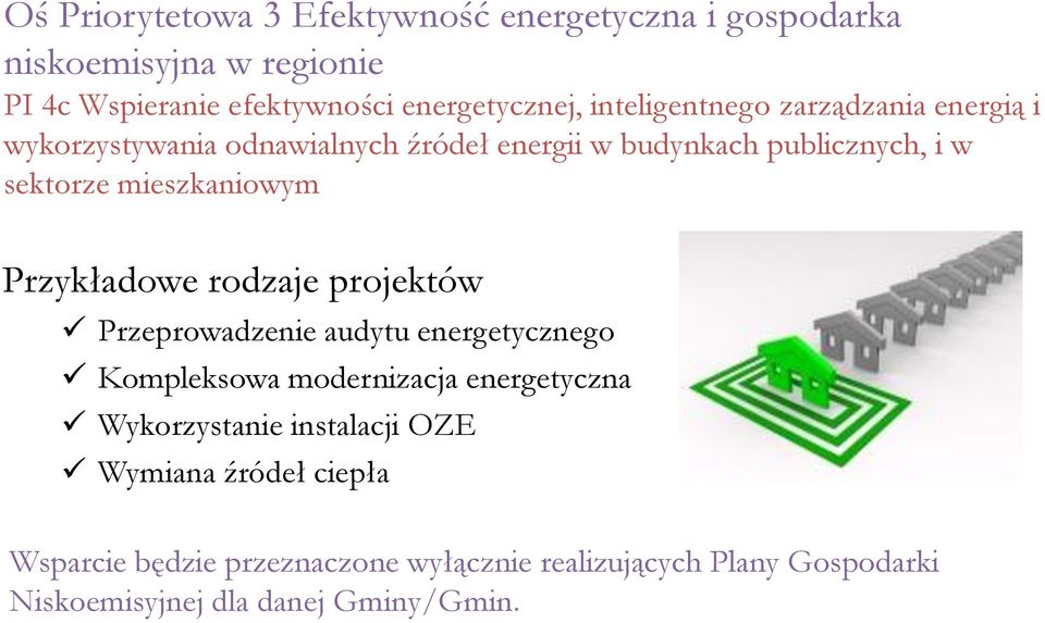 mieszkaniowym Przykładowe rodzaje projektów Przeprowadzenie audytu energetycznego Kompleksowa modernizacja energetyczna