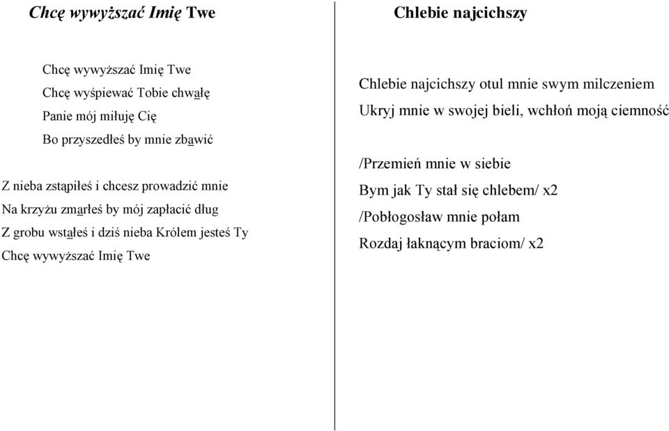 i dziś nieba Królem jesteś Ty Chcę wywyższać Imię Twe Chlebie najcichszy otul mnie swym milczeniem Ukryj mnie w swojej