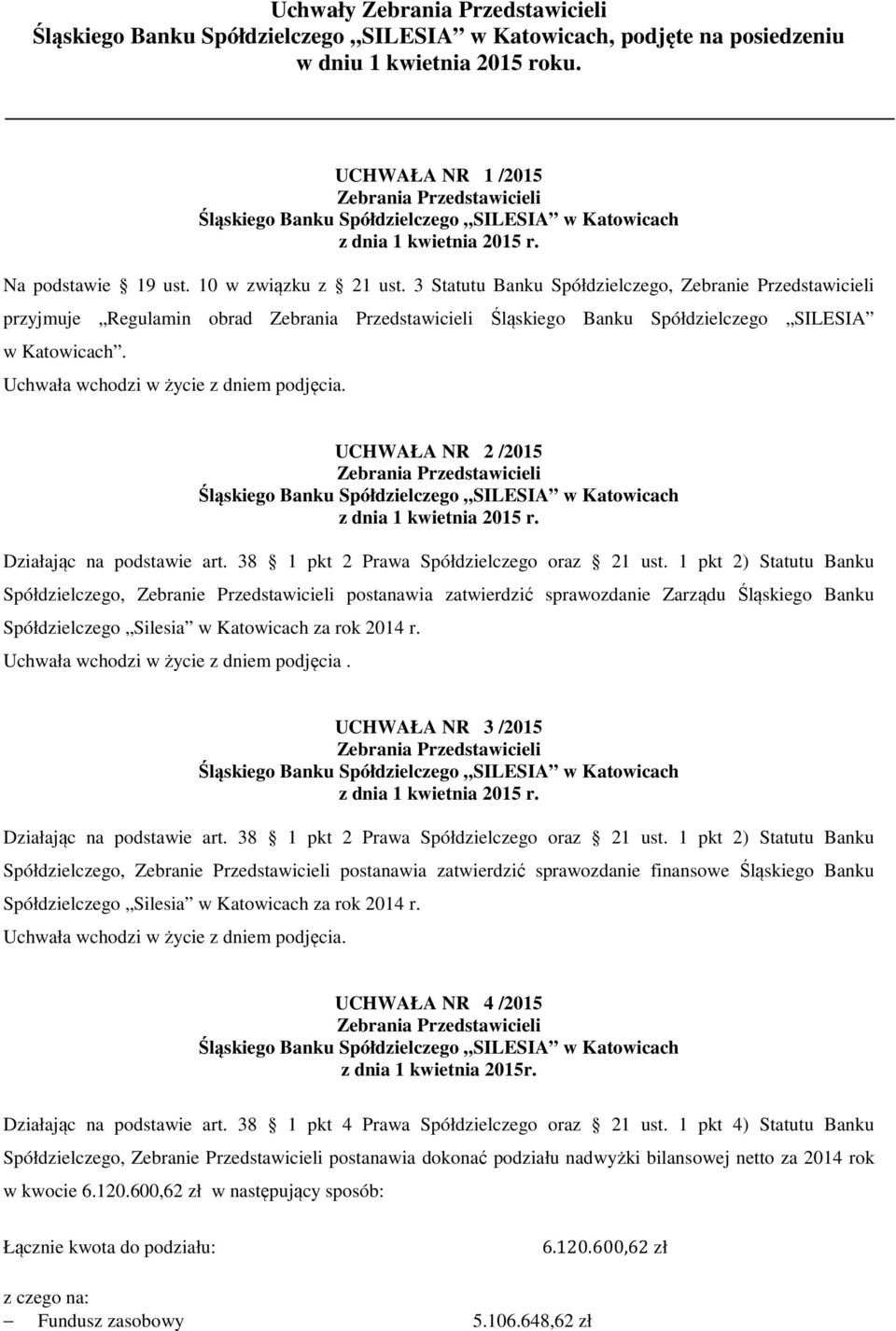 UCHWAŁA NR 2 /2015 Spółdzielczego, Zebranie Przedstawicieli postanawia zatwierdzić sprawozdanie Zarządu Śląskiego Banku Spółdzielczego Silesia w Katowicach za rok 2014 r.