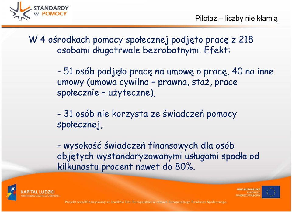 Efekt: - 51 osób podjęło pracę na umowę o pracę, 40 na inne umowy (umowa cywilno prawna, staż, prace