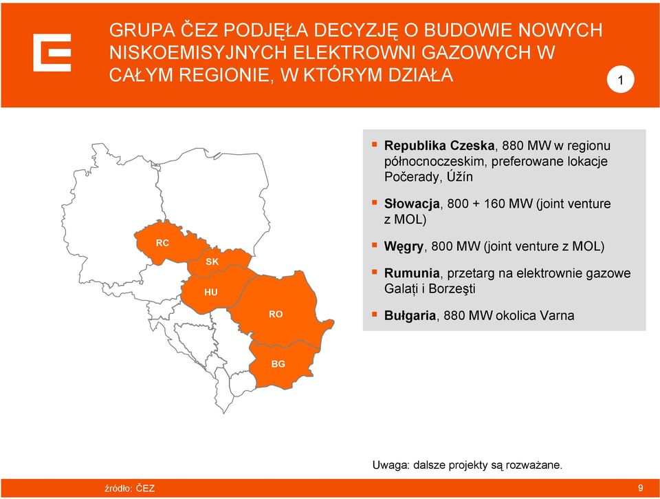 Słowacja, 800 + 160 MW (joint venture zmol) Węgry, 800 MW (joint venture z MOL) Rumunia, przetarg na