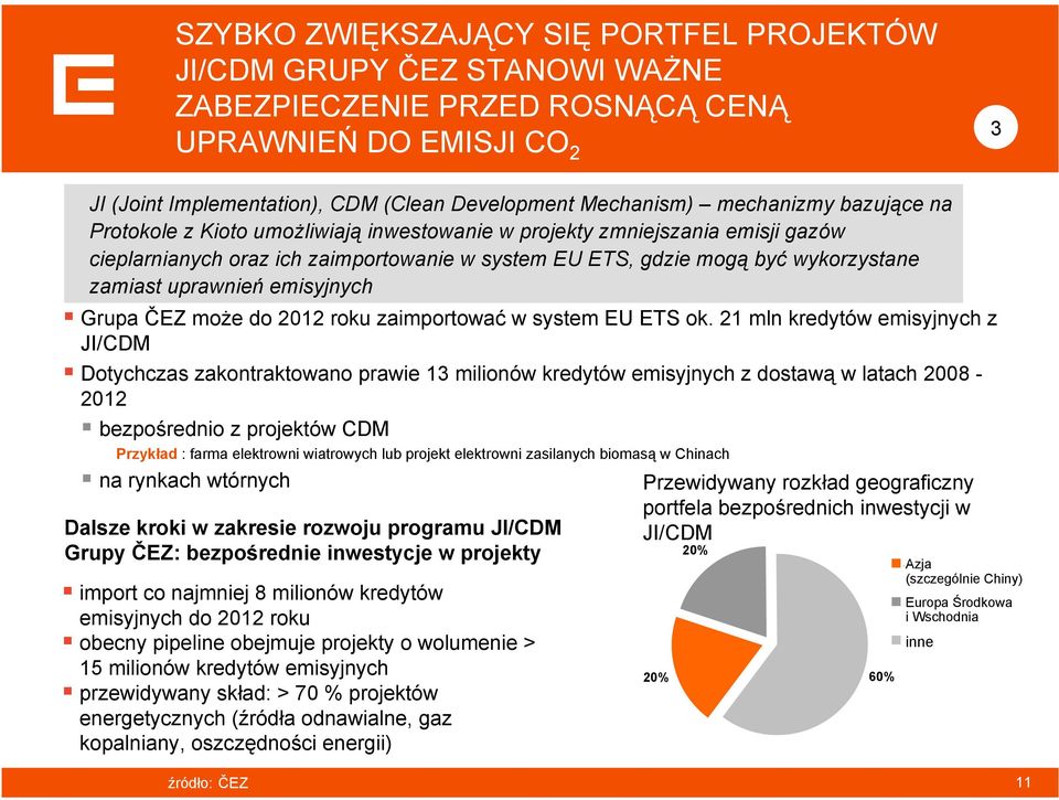 uprawnień emisyjnych Grupa ČEZ może do 2012 roku zaimportować w system EU ETS ok.