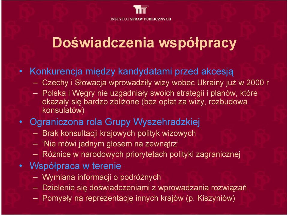 Wyszehradzkiej Brak konsultacji krajowych polityk wizowych Nie mówi jednym głosem na zewnątrz Różnice w narodowych priorytetach polityki zagranicznej