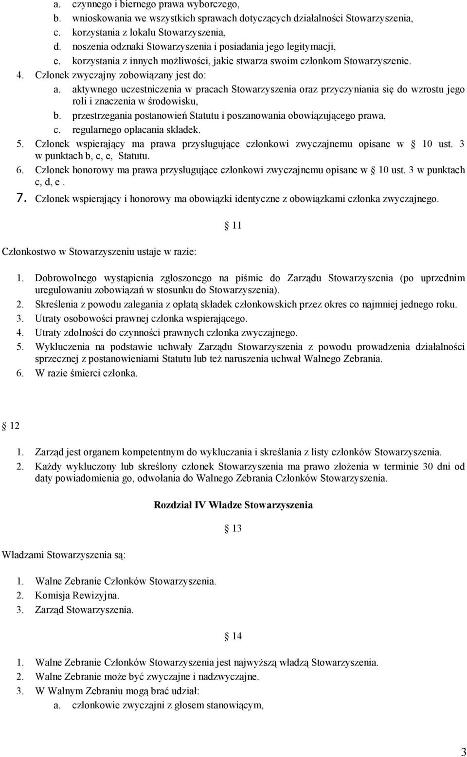 aktywnego uczestniczenia w pracach Stowarzyszenia oraz przyczyniania się do wzrostu jego roli i znaczenia w środowisku, b. przestrzegania postanowień Statutu i poszanowania obowiązującego prawa, c.