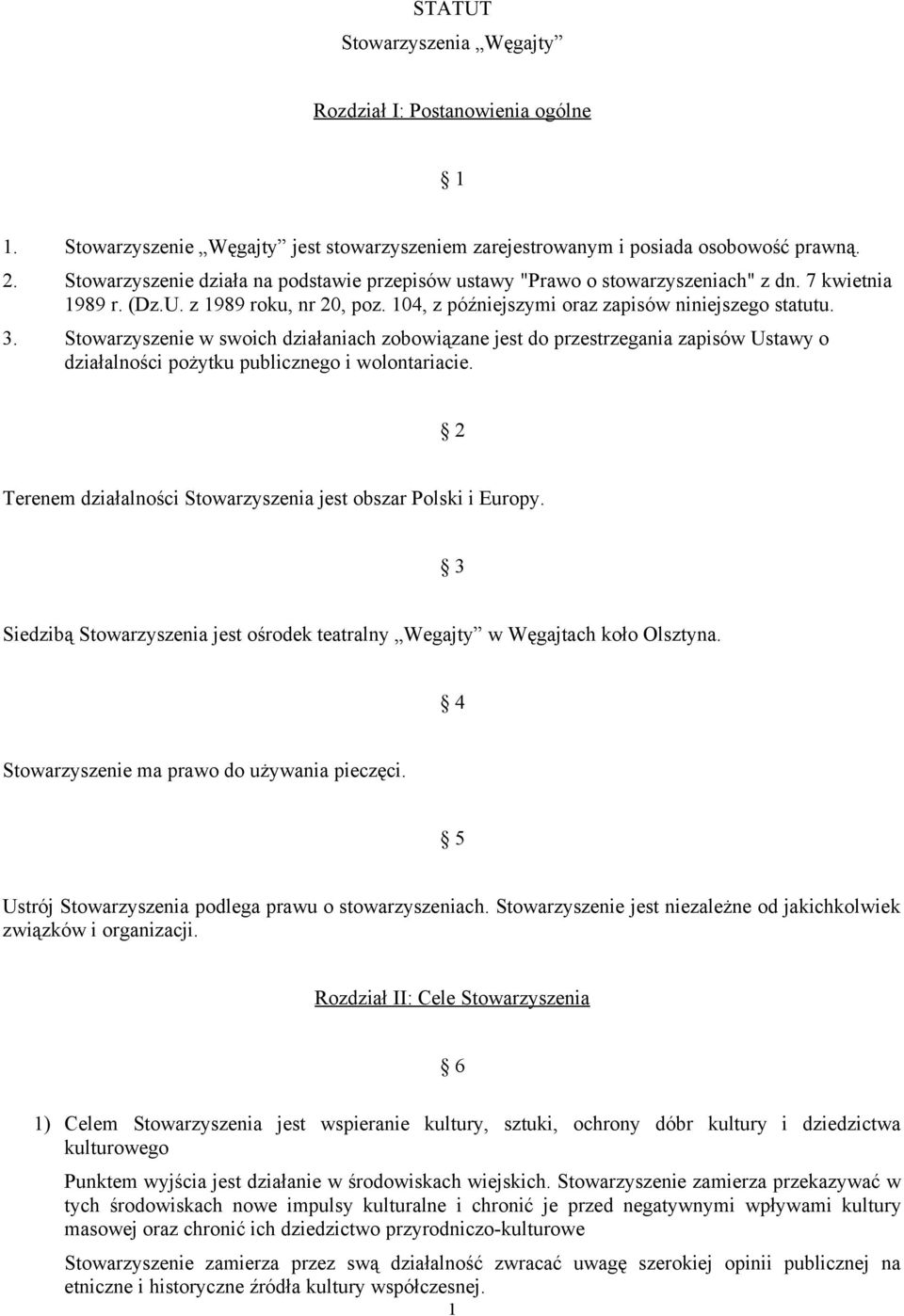 Stowarzyszenie w swoich działaniach zobowiązane jest do przestrzegania zapisów Ustawy o działalności pożytku publicznego i wolontariacie.