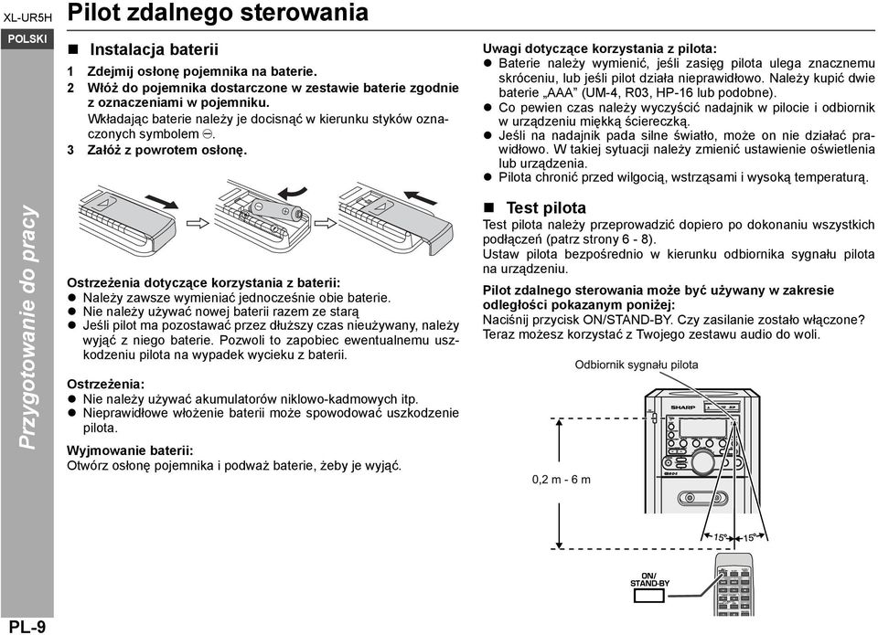 Uwagi dotyczące korzystania z pilota: Baterie należy wymienić, jeśli zasięg pilota ulega znacznemu skróceniu, lub jeśli pilot działa nieprawidłowo.