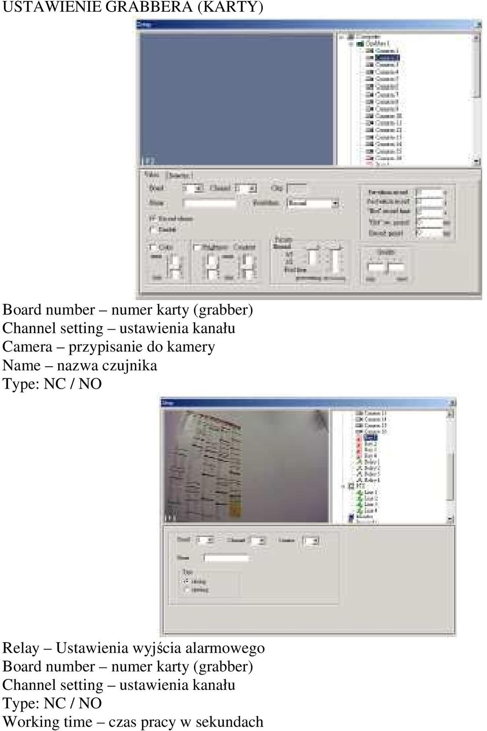 NO Relay Ustawienia wyjścia alarmowego Board number numer karty (grabber)