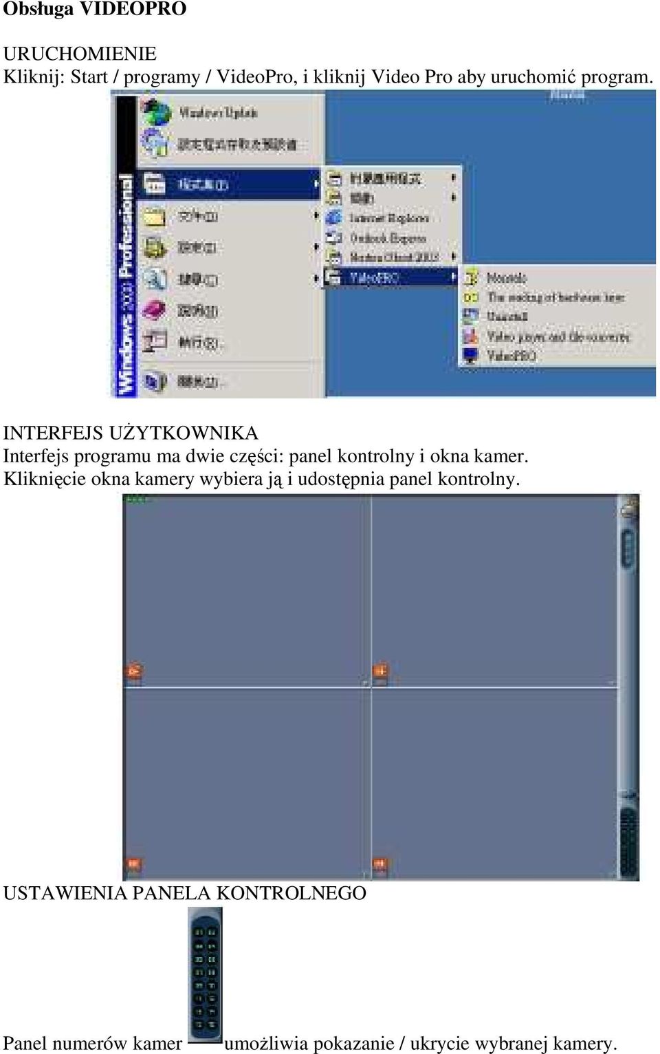 INTERFEJS UŻYTKOWNIKA Interfejs programu ma dwie części: panel kontrolny i okna kamer.