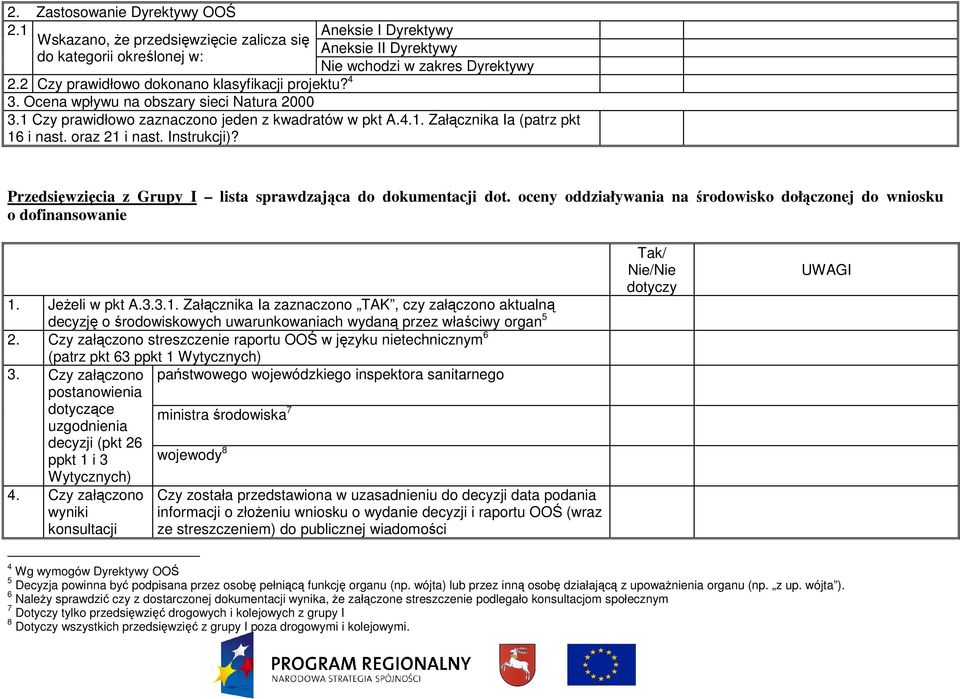 oraz 21 i nast. Instrukcji)? Przedsięwzięcia z Grupy I lista sprawdzająca do dokumentacji dot. oceny oddziaływania na środowisko dołączonej do wniosku o dofinansowanie 1. JeŜeli w pkt A.3.3.1. Załącznika Ia zaznaczono TAK, czy załączono aktualną decyzję o środowiskowych uwarunkowaniach wydaną przez właściwy organ 5 2.