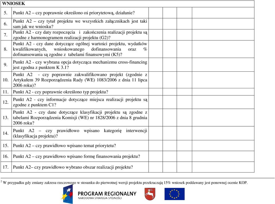 Punkt A2 - czy dane dotyczące ogólnej wartości projektu, wydatków kwalifikowanych, wnioskowanego dofinansowania oraz % dofinansowania są zgodne z tabelami finansowymi (K5)?