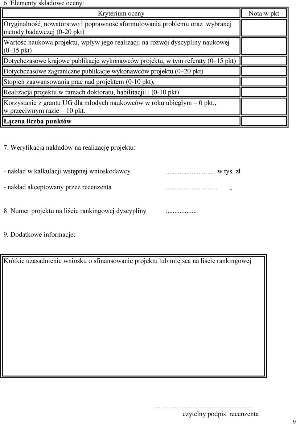 zaawansowania prac nad projektem (0-10 pkt), Realizacja projektu w ramach doktoratu, habilitacji (0-10 pkt) Korzystanie z grantu UG dla młodych naukowców w roku ubiegłym 0 pkt.