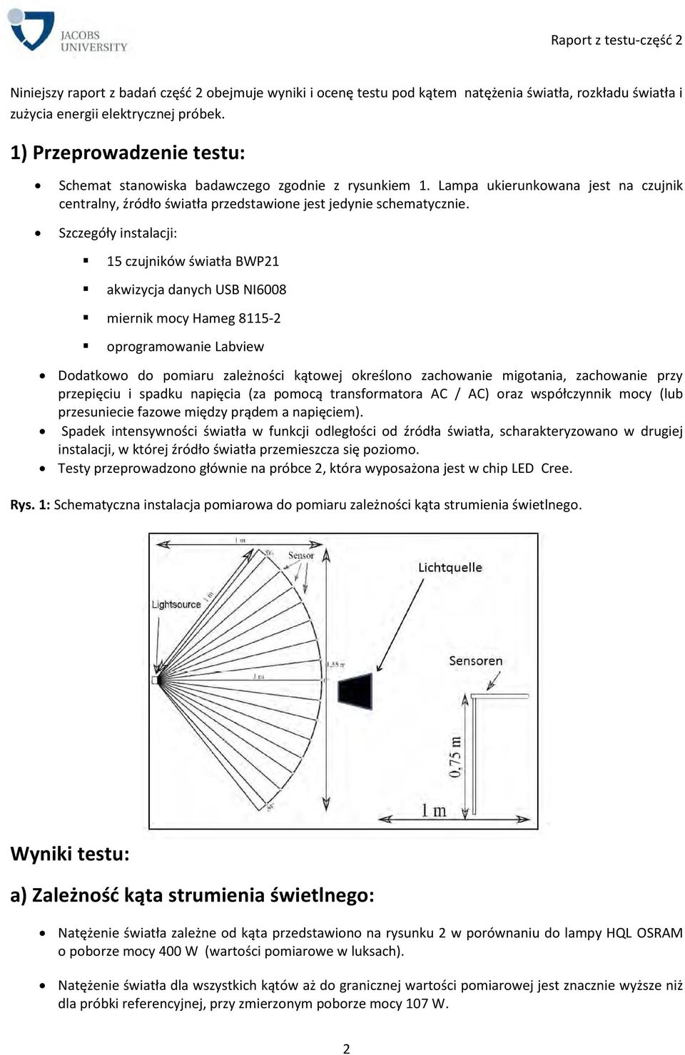 Szczegóły instalacji: 15 czujników światła BWP21 akwizycja danych USB NI6008 miernik mocy Hameg 8115-2 oprogramowanie Labview Dodatkowo do pomiaru zależności kątowej określono zachowanie migotania,