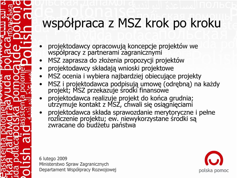 umowę (odrębną) na każdy projekt; MSZ przekazuje środki finansowe projektodawca realizuje projekt do końca grudnia; utrzymuje kontakt z MSZ,