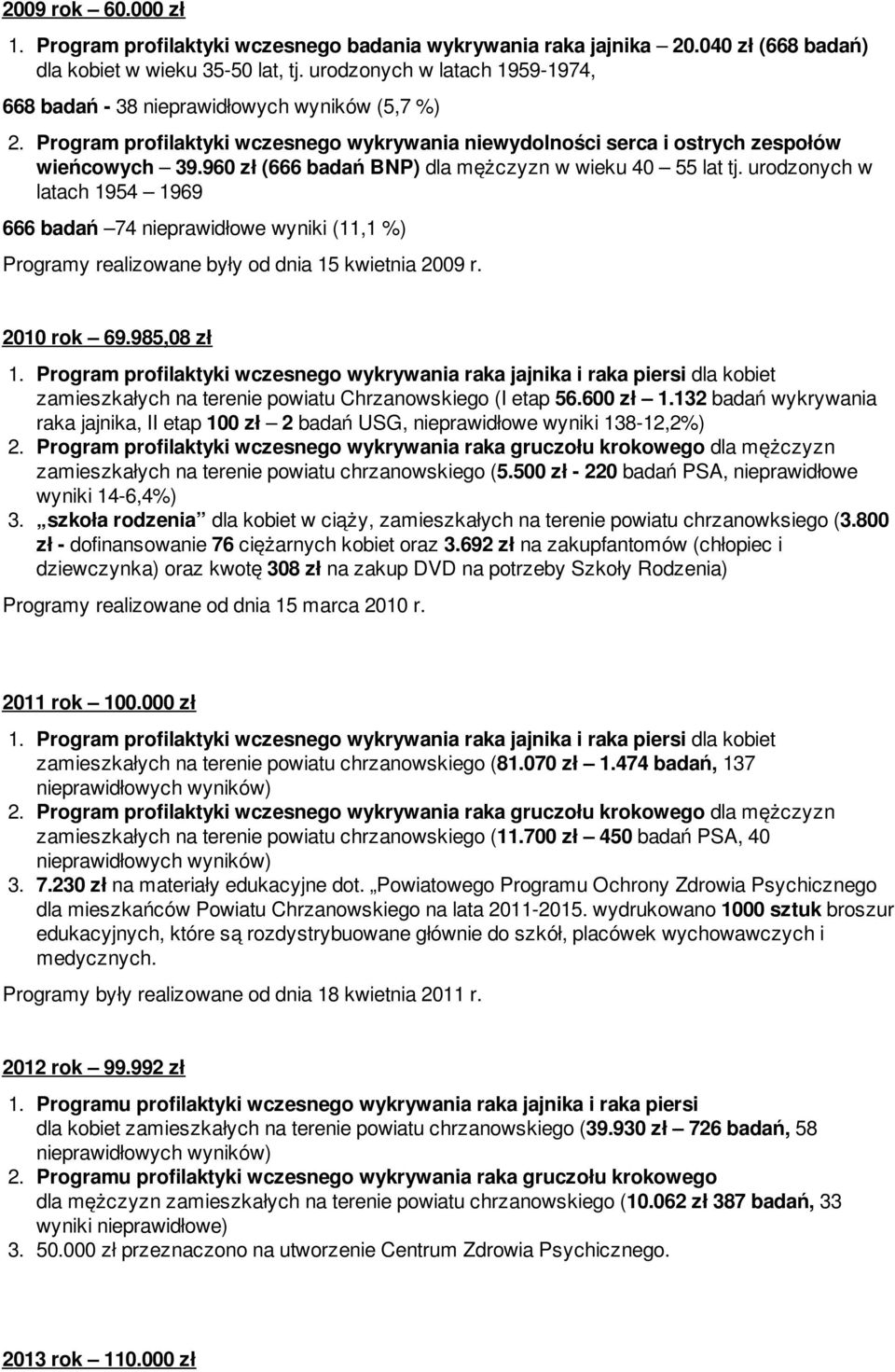 960 zł (666 badań BNP) dla mężczyzn w wieku 40 55 lat tj. urodzonych w latach 1954 1969 666 badań 74 nieprawidłowe wyniki (11,1 %) Programy realizowane były od dnia 15 kwietnia 2009 r. 2010 rok 69.