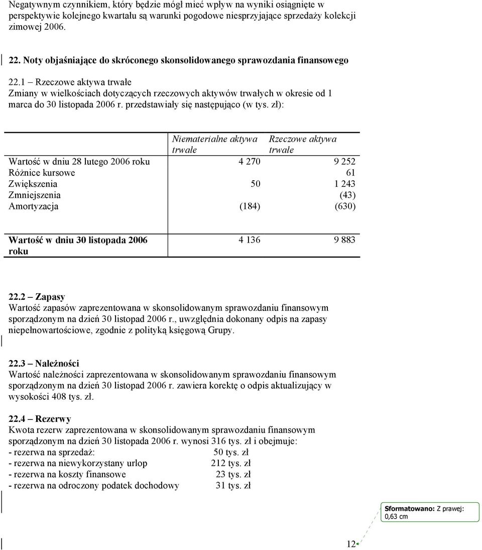 1 Rzeczowe aktywa trwałe Zmiany w wielkościach dotyczących rzeczowych aktywów trwałych w okresie od 1 marca do 30 listopada 2006 r. przedstawiały się następująco (w tys.