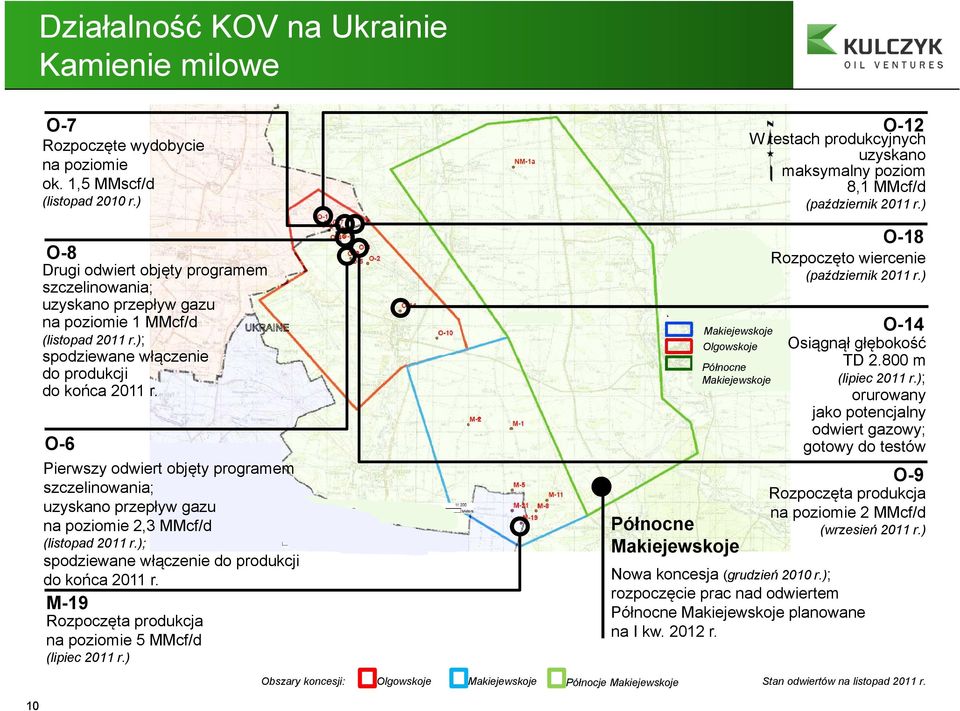 O-6 Pierwszy odwiert objęty programem szczelinowania; uzyskano przepływ gazu na poziomie 2,3 MMcf/d (listopad 2011 r.); spodziewane włączenie do produkcji do końca 2011 r.