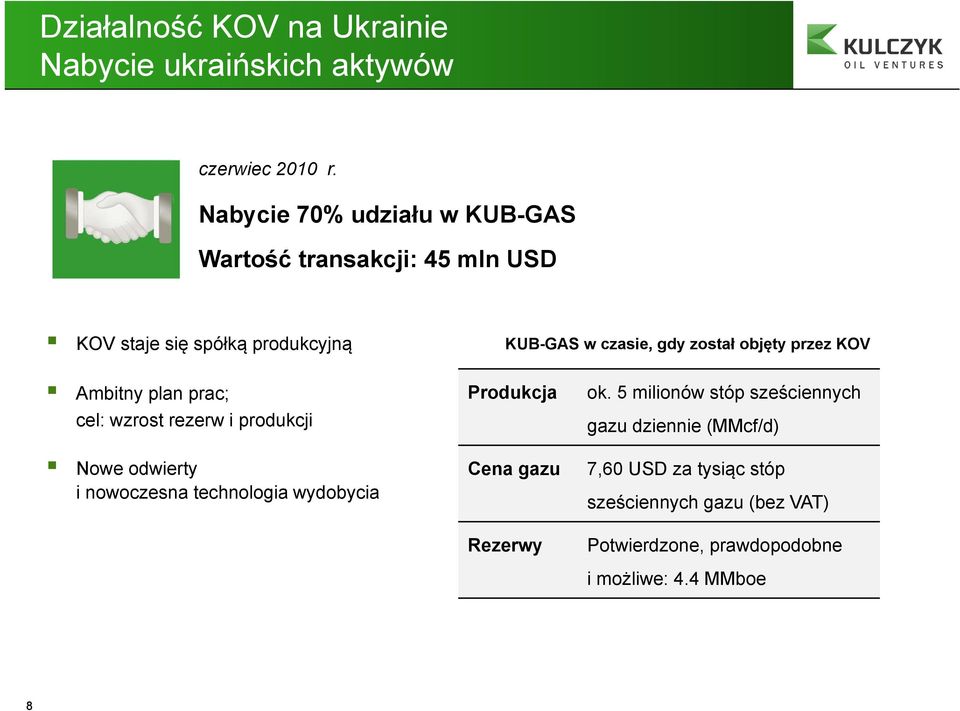 objęty przez KOV Ambitny plan prac; cel: wzrost rezerw i produkcji Nowe odwierty i nowoczesna technologia wydobycia