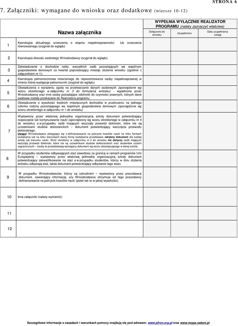 /uwagi 1 Kserokopia aktualnego orzeczenia o stopniu niepełnosprawności lub orzeczenia równoważnego (oryginał do wglądu) 2 Kserokopia dowodu osobistego Wnioskodawcy (oryginał do wglądu) 3 4 5 6 7 8