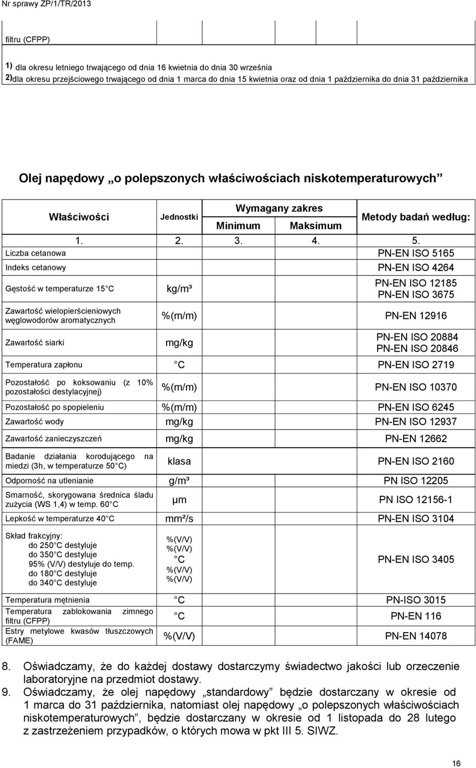 Liczba cetanowa PN-EN ISO 5165 Indeks cetanowy PN-EN ISO 4264 Gęstość w temperaturze 15 C kg/m³ PN-EN ISO 12185 PN-EN ISO 3675 Zawartość wielopierścieniowych węglowodorów aromatycznych %(m/m) PN-EN