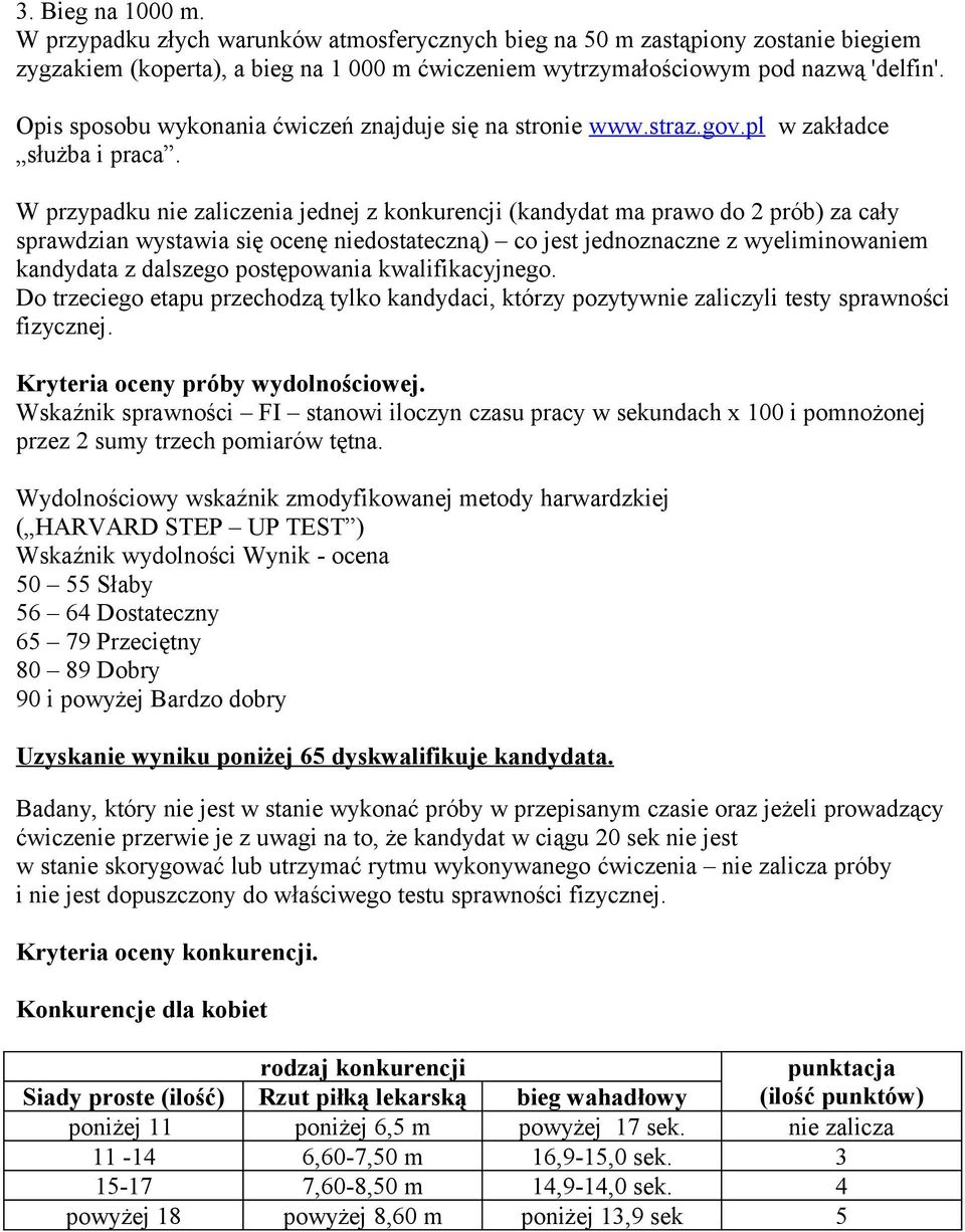 W przypadku nie zaliczenia jednej z konkurencji (kandydat ma prawo do 2 prób) za cały sprawdzian wystawia się ocenę niedostateczną) co jest jednoznaczne z wyeliminowaniem kandydata z dalszego