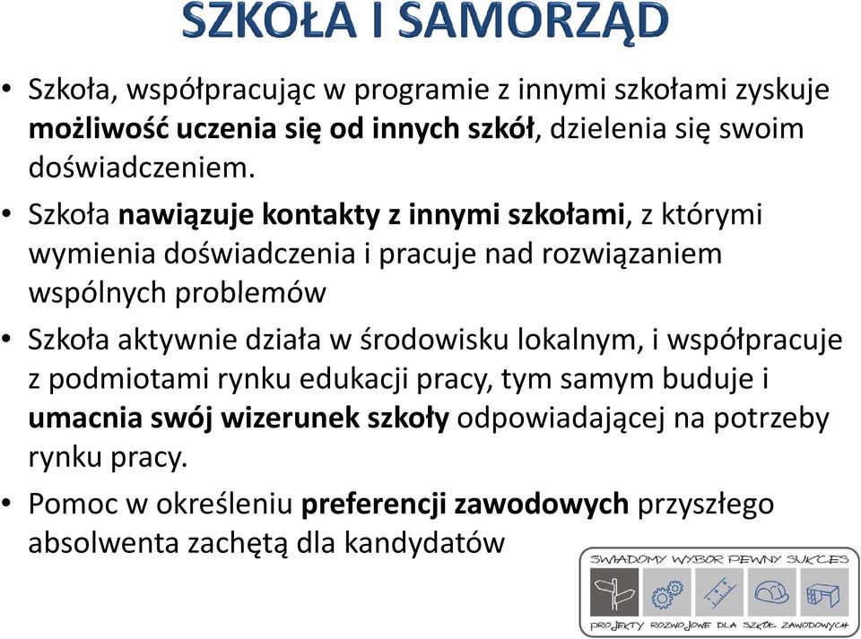 Szkoła nawiązuje kontakty z innymi szkołami, z którymi wymienia doświadczenia i pracuje nad rozwiązaniem wspólnych problemów Szkoła