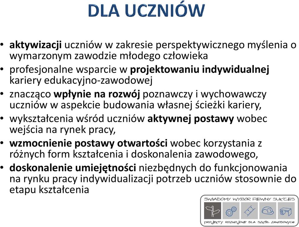 wykształcenia wśród uczniów aktywnej postawy wobec wejścia na rynek pracy, wzmocnienie postawy otwartości wobec korzystania z różnych form