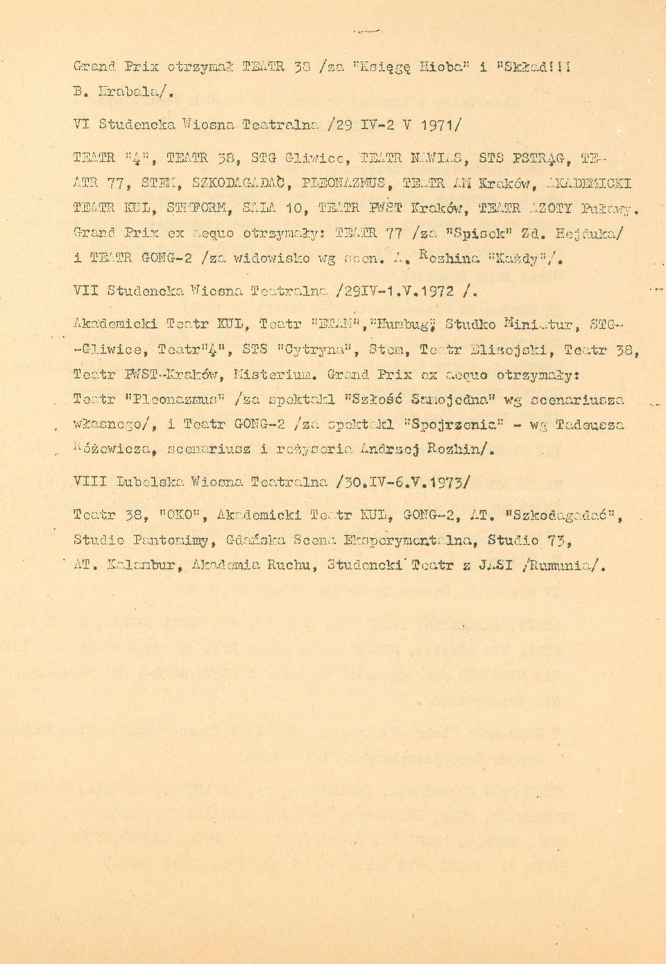 "Spisek" Zd. Hejduka/ i TEiTR GONG-2 /za widowisko wg ocen. A, Rozhina "Każdy"/. VII Studencka Wiosna Teatralna /29IV-1,V.1972 /.
