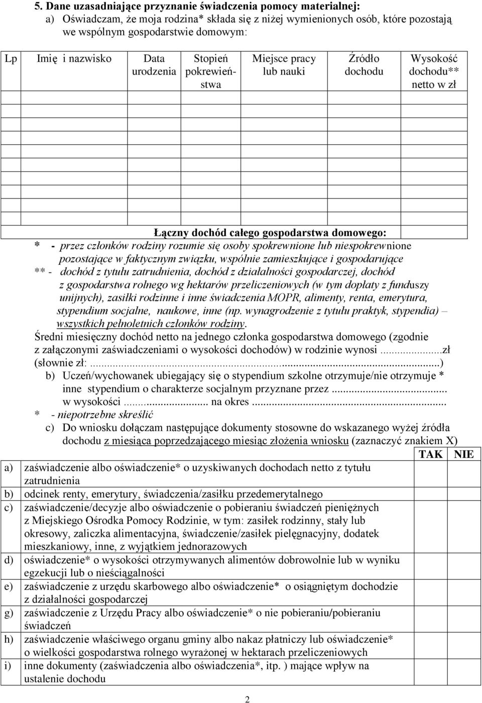 osoby spokrewnione lub niespokrewnione pozostające w faktycznym związku, wspólnie zamieszkujące i gospodarujące ** - dochód z tytułu zatrudnienia, dochód z działalności gospodarczej, dochód z