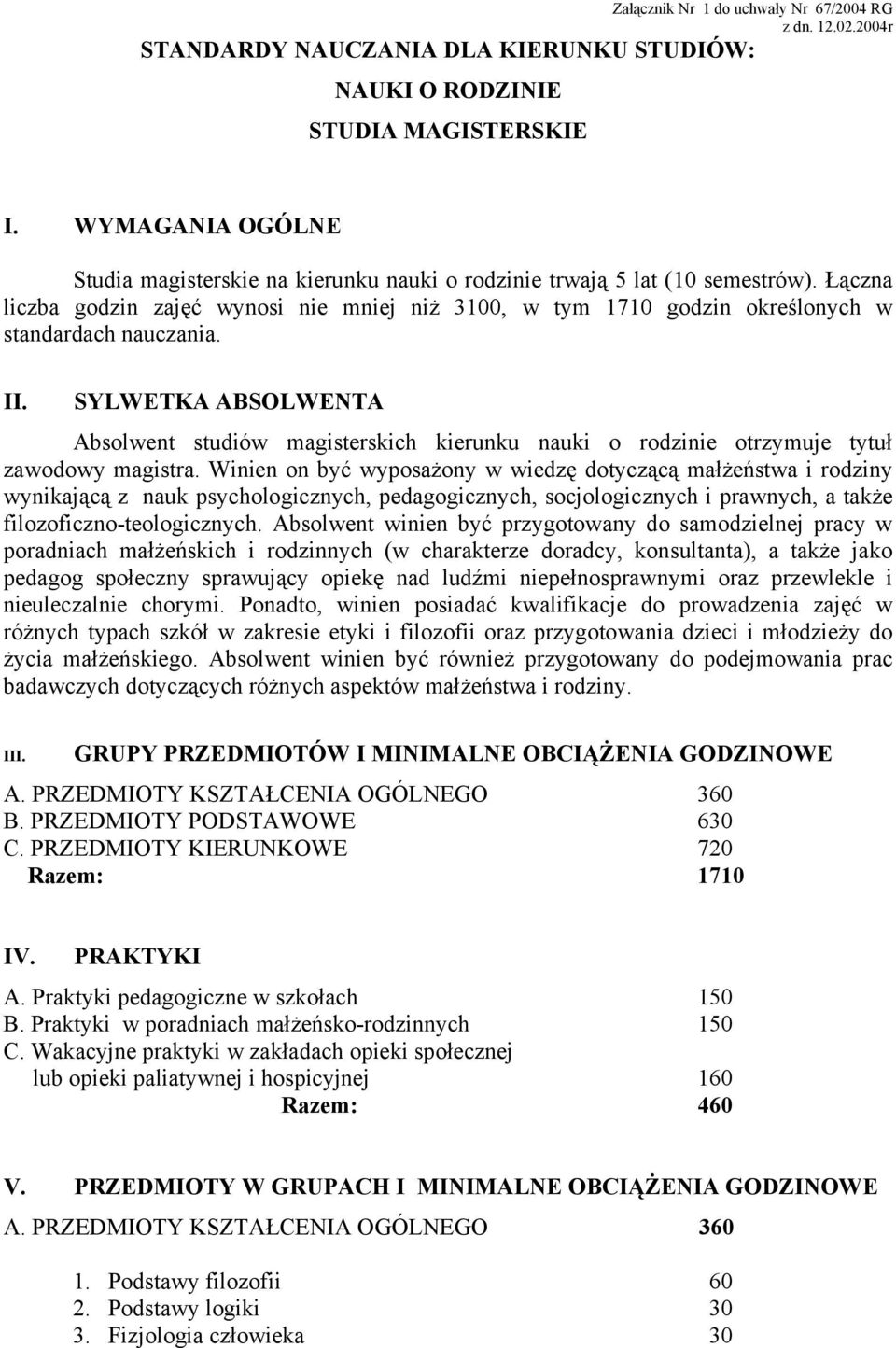 Łączna liczba godzin zajęć wynosi nie mniej niż 3100, w tym 1710 godzin określonych w standardach nauczania. II.