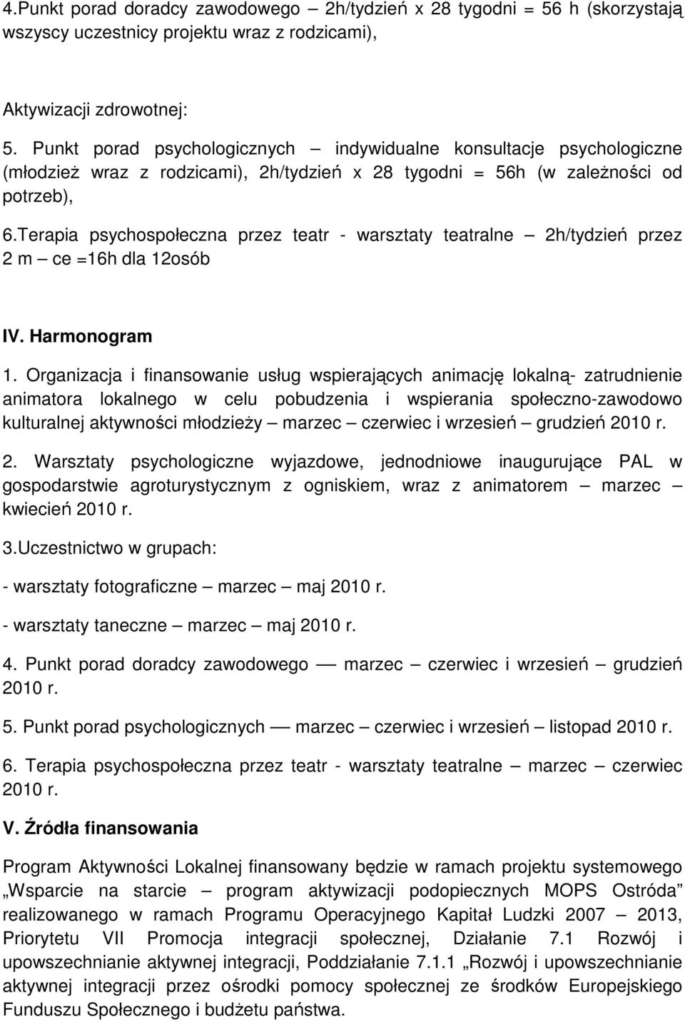 Terapia psychospołeczna przez teatr - warsztaty teatralne 2h/tydzień przez 2 m ce =16h dla 12osób IV. Harmonogram 1.