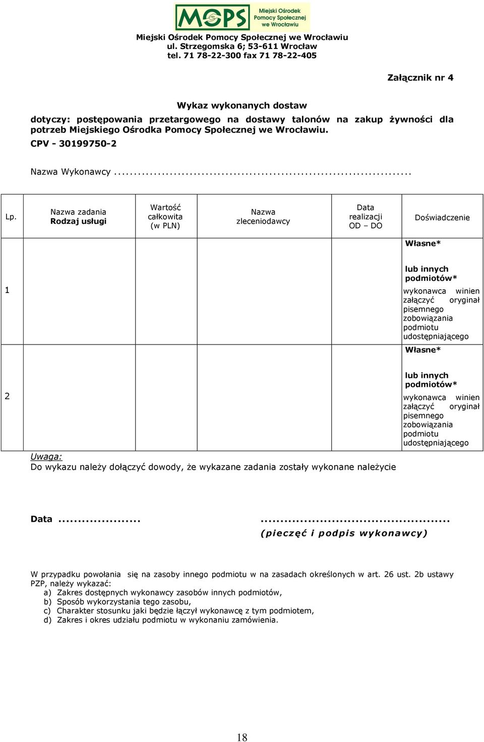 Nazwa zadania Rodzaj usługi Wartość całkowita (w PLN) Nazwa zleceniodawcy Data realizacji OD DO Doświadczenie Własne* 1 lub innych podmiotów* wykonawca winien załączyć oryginał pisemnego zobowiązania