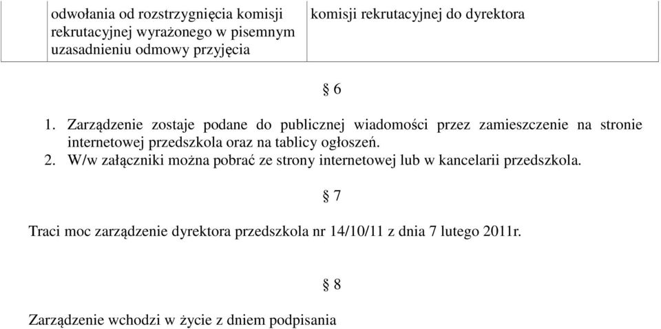 Zarządzenie zostaje podane do publicznej wiadomości przez zamieszczenie na stronie internetowej przedszkola oraz na