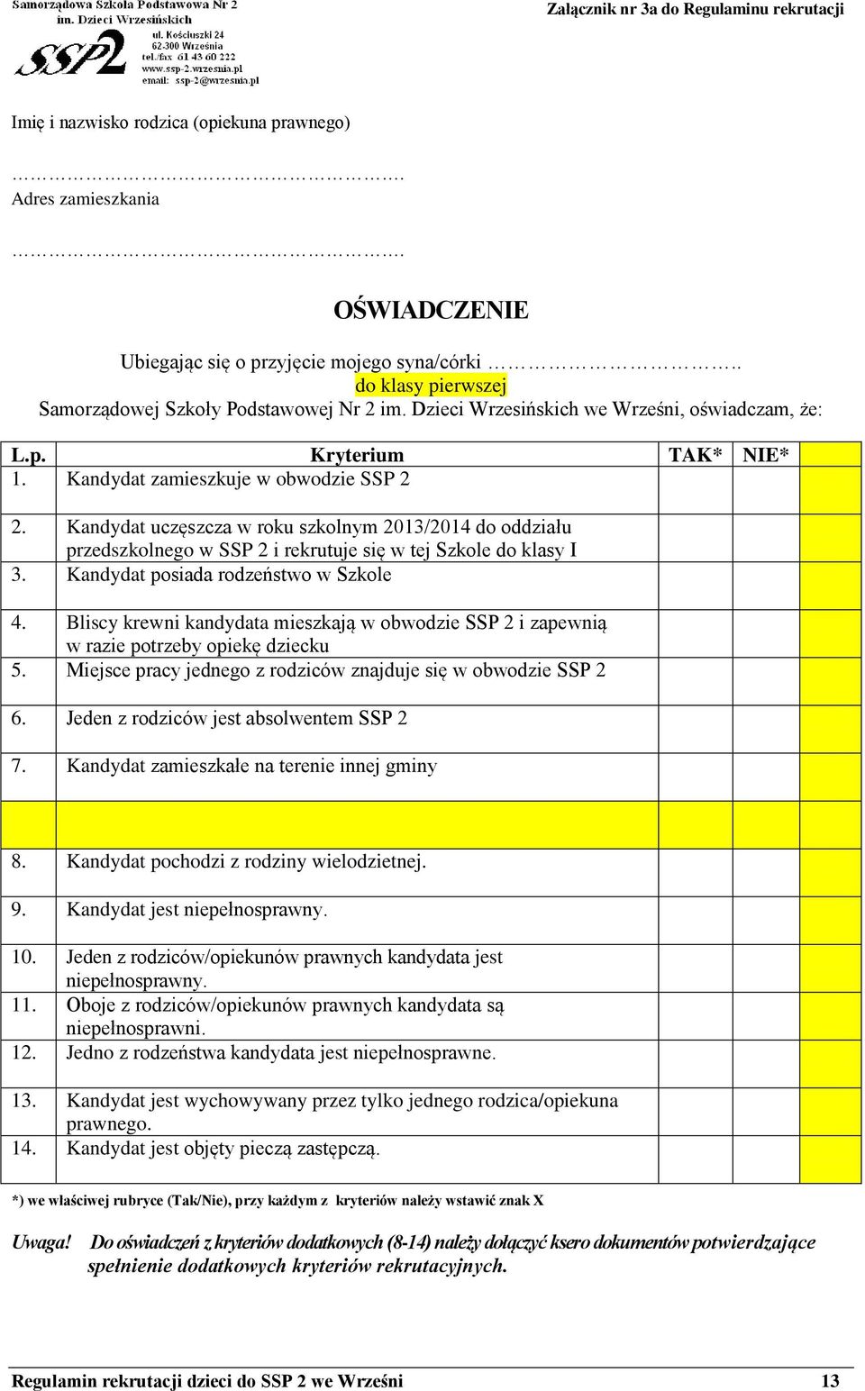 Kandydat uczęszcza w roku szkolnym 2013/2014 do oddziału przedszkolnego w SSP 2 i rekrutuje się w tej Szkole do klasy I 3. Kandydat posiada rodzeństwo w Szkole 4.